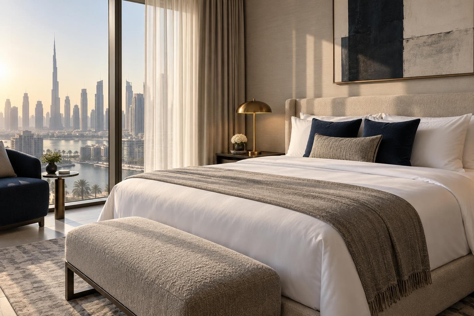 King bed made up in a Dubai hotel-apartment bedroom