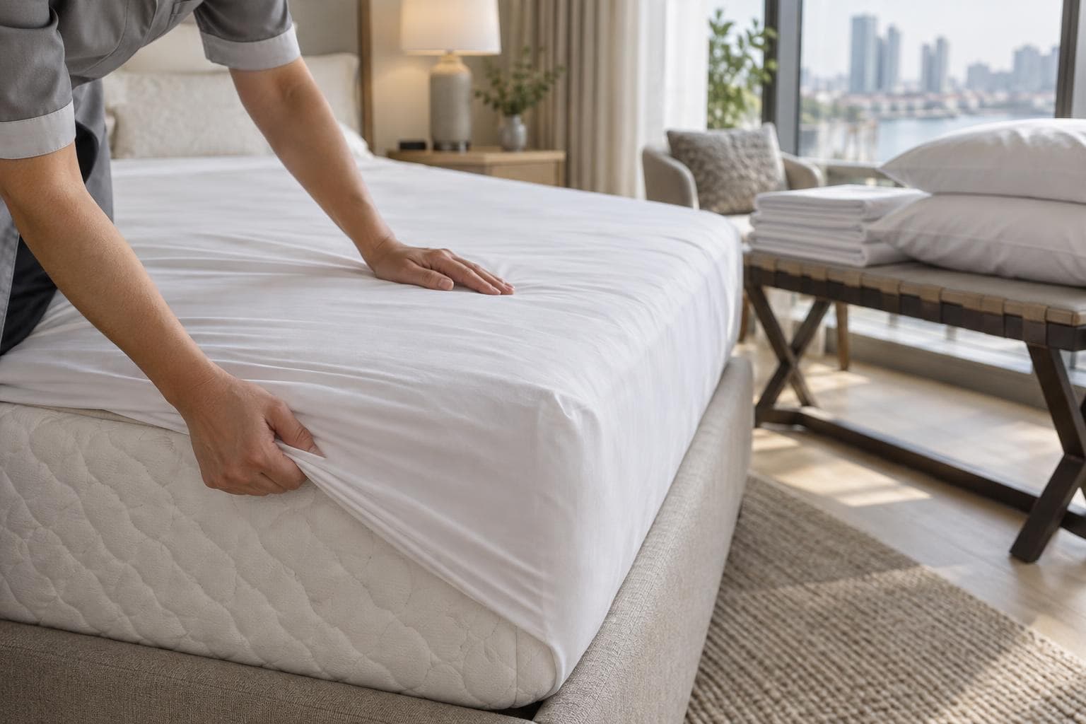 Housekeeper fitting fresh linen over a new mattress in a serviced apartment