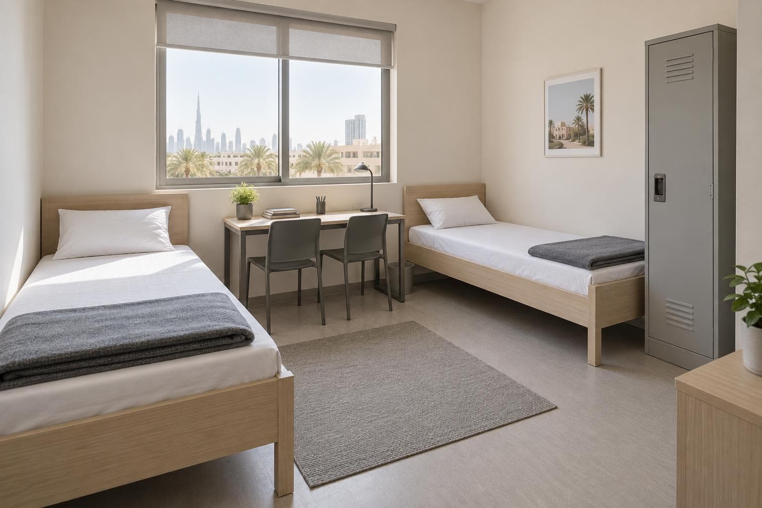 Single beds in a UAE staff accommodation room