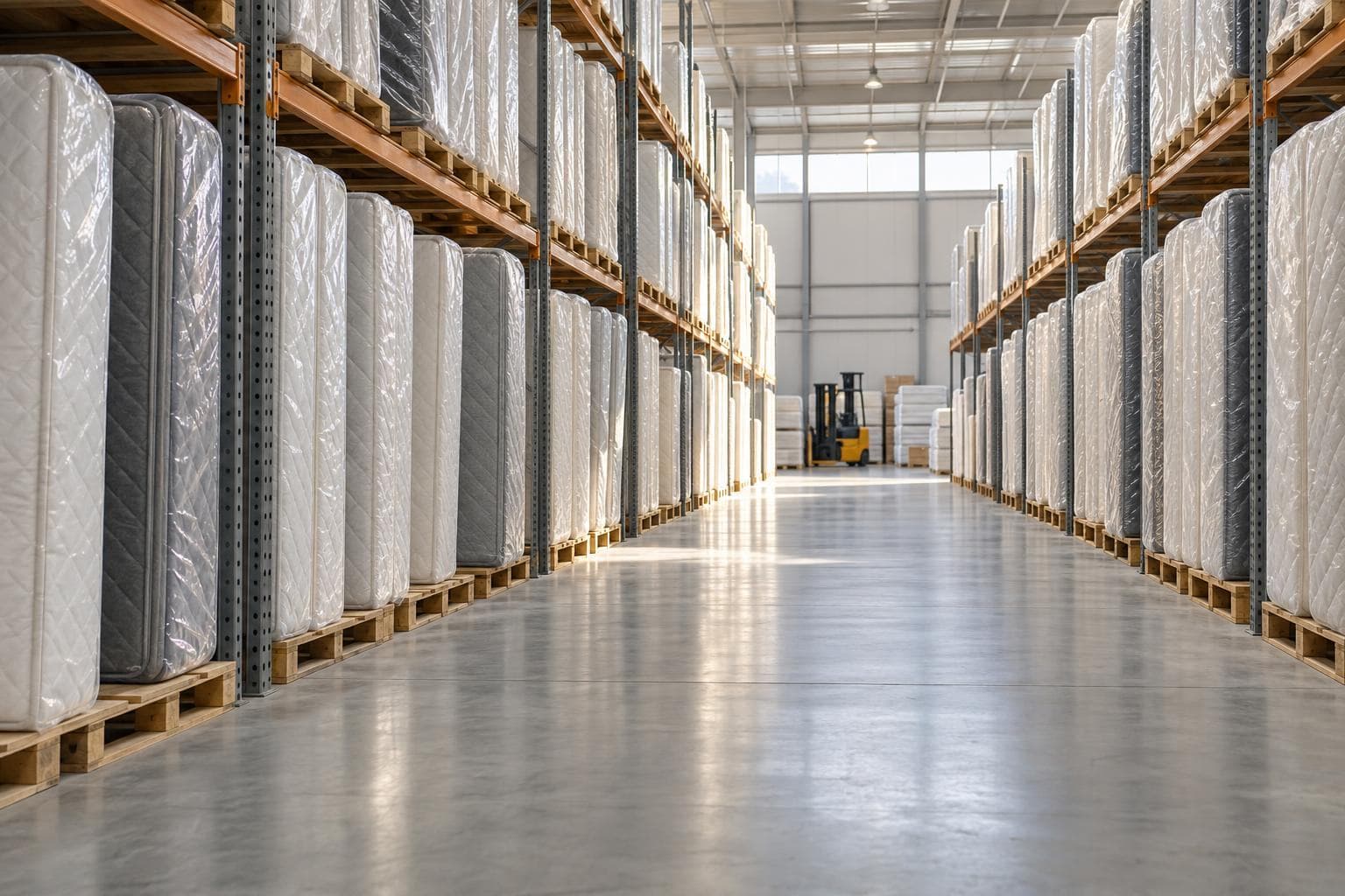 Wrapped mattresses on pallet racking in a UAE warehouse
